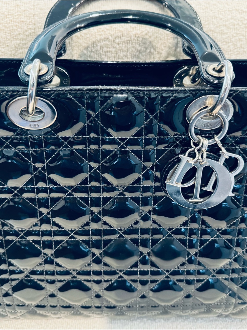 Dior Black Patent Leather Lady Dior Satchel with Silver Hardware